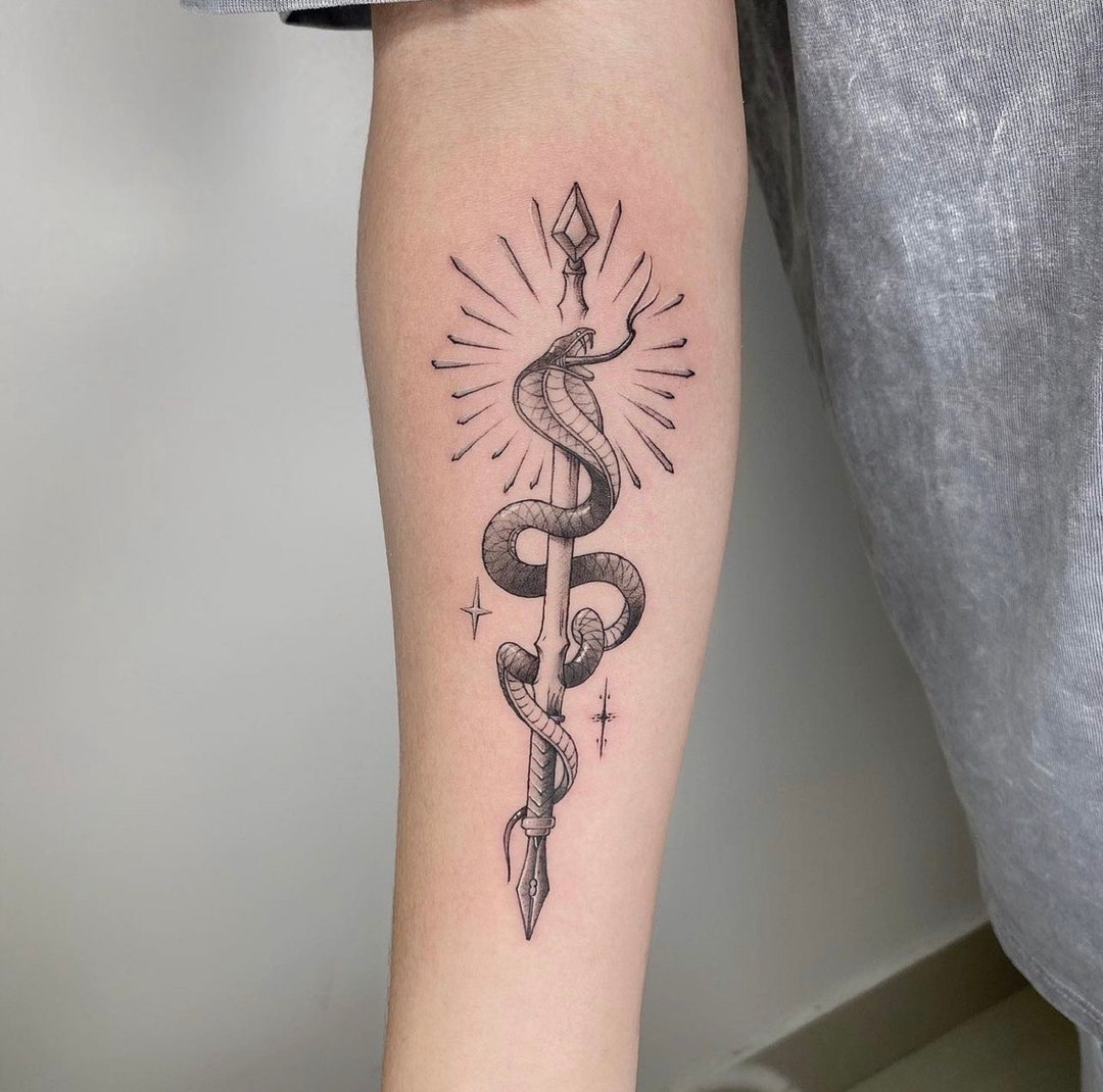 Pack of 3 Tattoo, Snake Temporary Tattoo, Snake With Scepter Fake