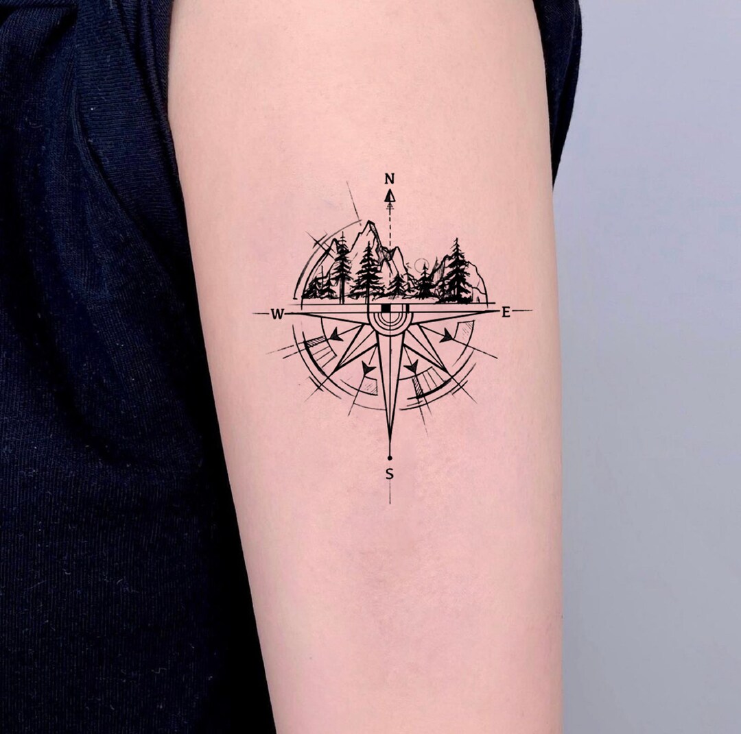 Compass Temporary Tattoo, Arrow Tattoo, Compass With Mountain Tattoo
