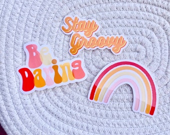 BUNDLE: Retro Sticker Pack - Stay Groovy, Be Daring, Sunset Rainbow, Quote Sticker, Waterproof Sticker, Planner Sticker, Retro Stickers, 70s