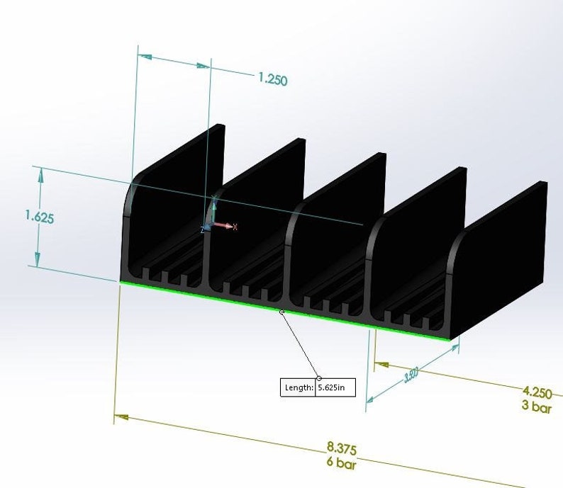 May include: Black plastic 3D printed object with six bars, measuring 5.625 inches in length, 1.25 inches in height, and 1.625 inches in width. The object has a series of small rectangular openings along the top and bottom edges.