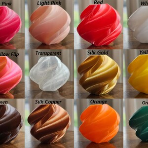 K&ouml;nnte beinhalten: Zw&ouml;lf verschiedene Farben von Kunststoff-Filament f&uuml;r den 3D-Druck. Das Filament ist in einem Raster aus vier Reihen und drei Spalten angeordnet. Jede Farbe ist ein anderer Farbton von Rosa, Rot, Wei&szlig;, Gelb, Braun, Orange, Gr&uuml;n, Gold, Kupfer und Transparent.