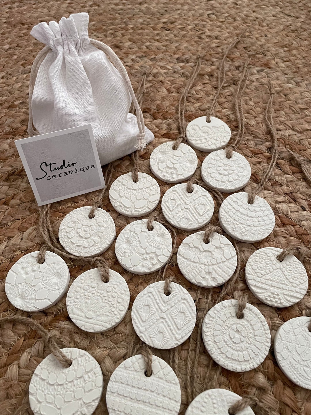 Textured White Clay Ornaments Christmas Holiday Tree Decorations Boho