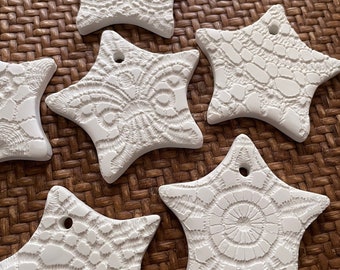 Textured Large Clay Star Ornaments White Holiday Decor Christmas Tree Decorations | Keepsake Present Gift Tags | Boho Hamptons Coastal