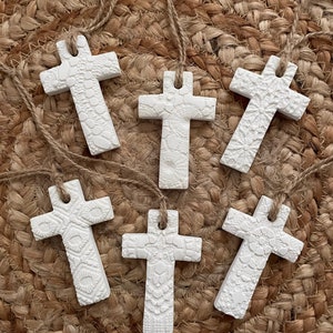 Textured Small Clay Cross Crucifix Hanging Ornament | Bomboniere Gift Tags White Christening Baptism Ceramic Decorations Decor Boho Favours