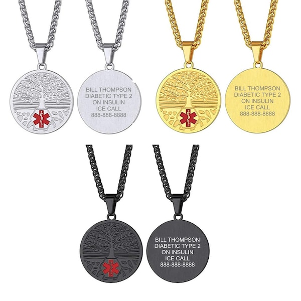 Collar con colgante de identificación médica con forma de árbol del amor de acero inoxidable de calidad