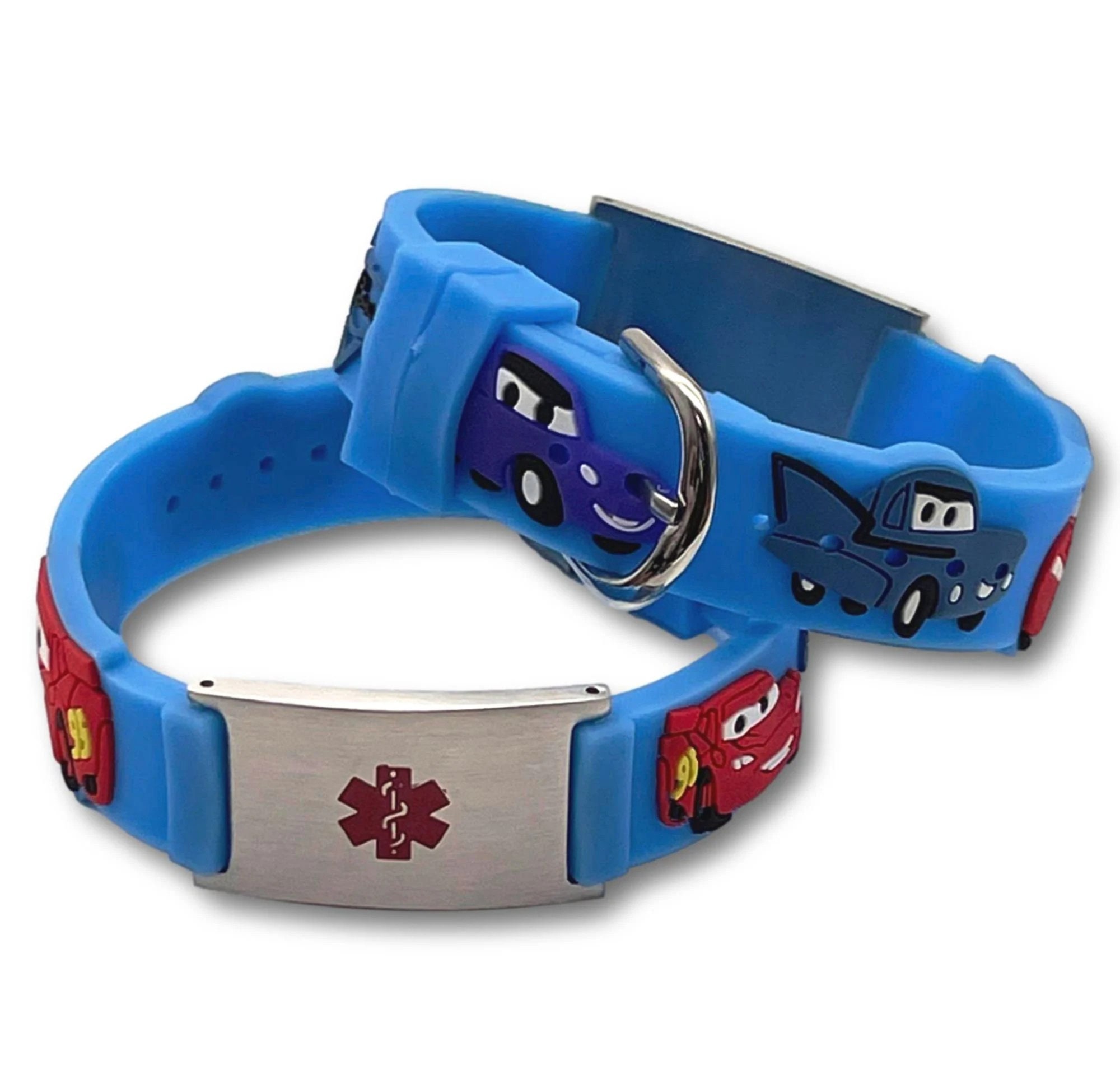 Personalized Blue Rubber Kids 3D Medical ID Bracelet with Cars Design