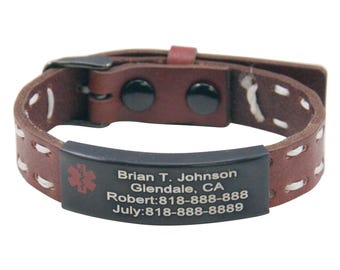 Personalized Leather Medical ID Bracelet: Black Stainless Steel, Adjustable