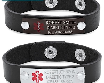 Personalized Black Leather Medical Alert Bracelet – Snap Closure Emergency ID