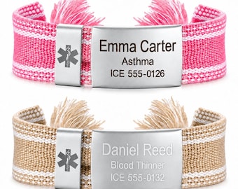 May include: Two medical alert bracelets with woven fabric bands. The top band is pink and white with a silver plate reading Emma Carter, Asthma, ICE 555-0126. The bottom band is tan and white with a silver plate reading Daniel Reed, Blood Thinner, ICE 555-0132. Both feature a medical star symbol.
