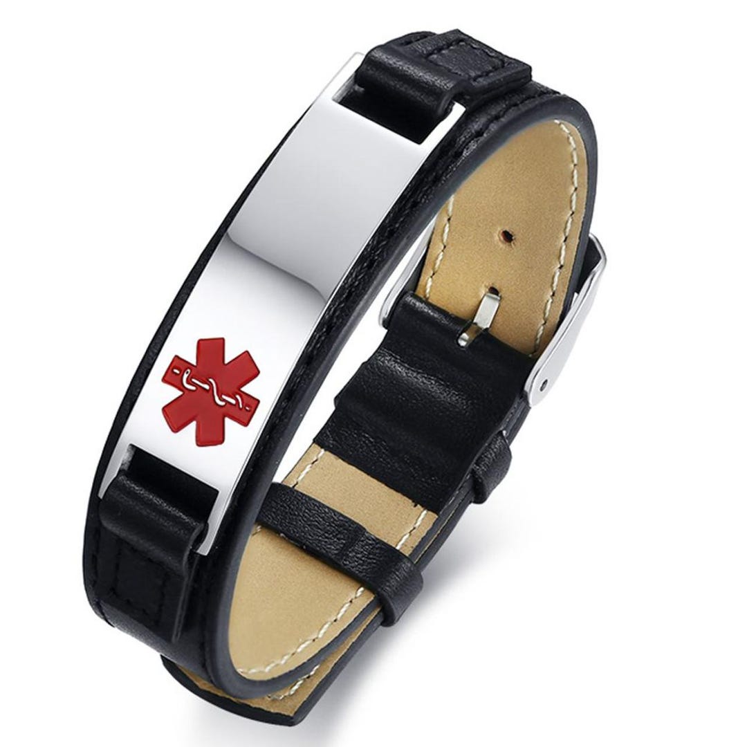 Custom Engraved Black Leather Medical Alert Bracelet: Stainless Steel ...
