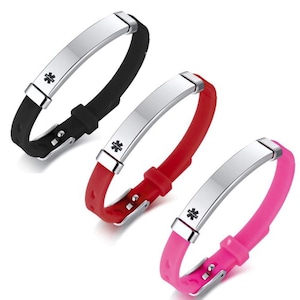 Personalized Medical Alert Bracelet – Slim Silicone ID with Engraved Stainless Steel Plate – Kids & Adults