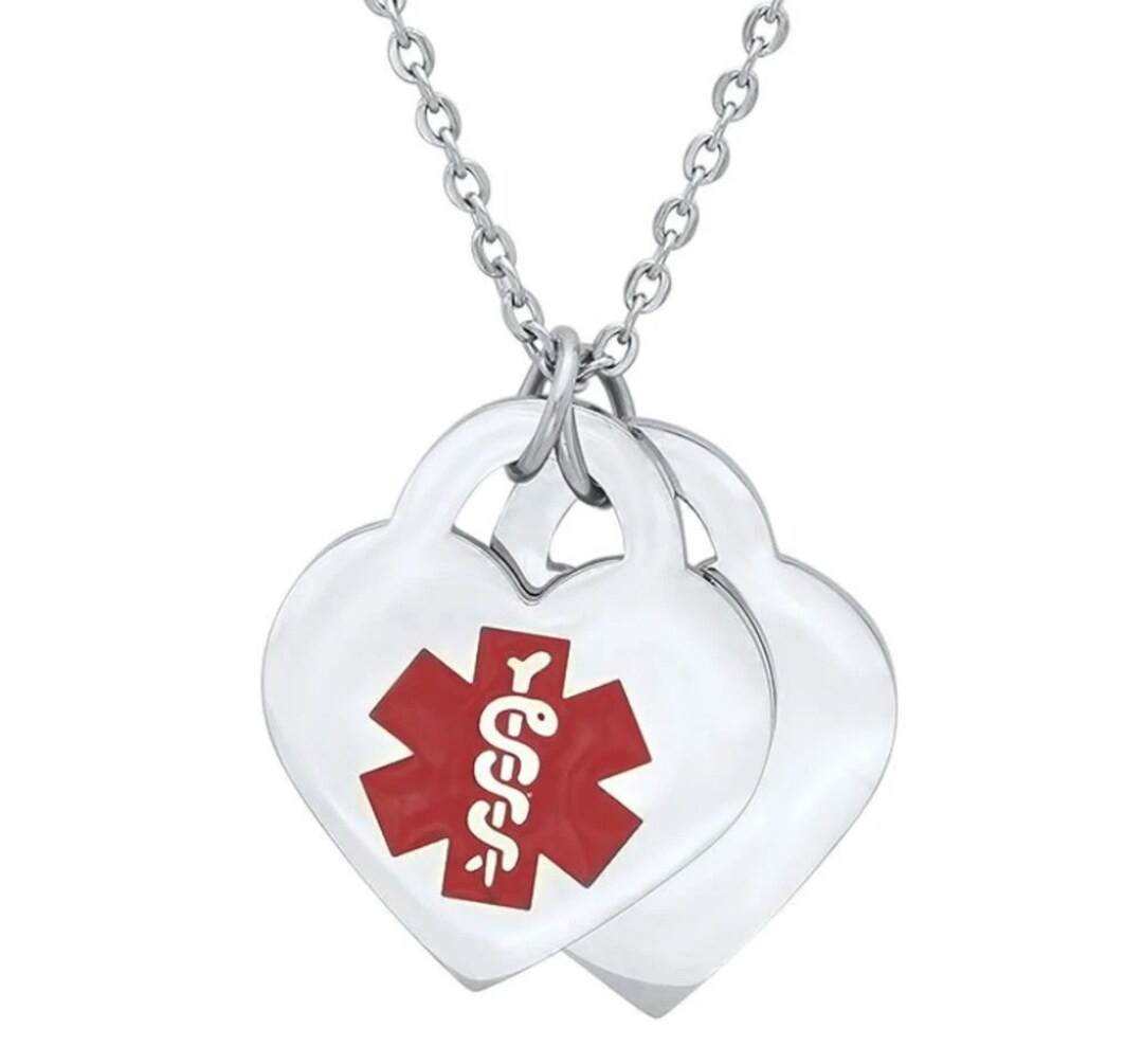 Stainless Steel Medical Alert ID Double Heart Pendant Necklace-free ...
