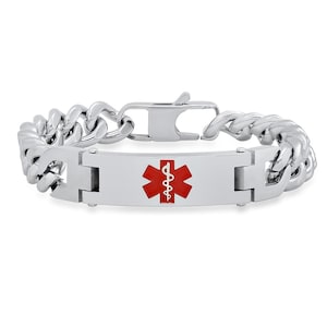 Stainless Steel Medical Alert Bracelet – Custom Engraved Cuban Link ID Chain with Red Symbol for Men & Women