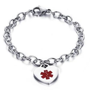 Personalized Stainless Steel Heart Charm Medical Alert Bracelet - Emergency ID Jewelry
