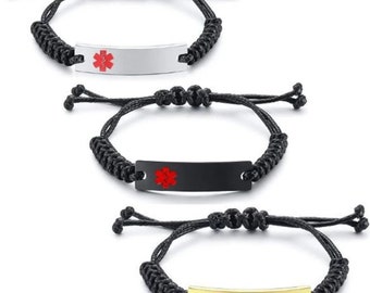 Quality Adjustable Black Braided With Stainless Steel Medical Alert ID Bracelet- Free Engraving