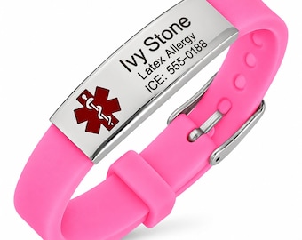 May include: A bright pink medical alert bracelet featuring a silver-toned metal plate engraved with the name Ivy Stone, the text Latex Allergy, and ICE: 555-0188. A red medical star of life symbol is printed on the left side of the plate.