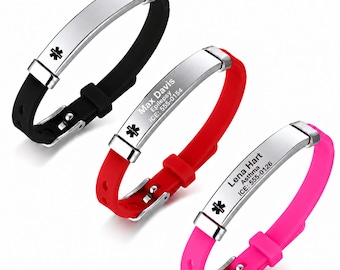 May include: Three medical alert bracelets with silicone bands in black, red, and bright pink. Each features a silver-toned metal plate with a black Star of Life symbol. Two plates are engraved with names, medical conditions, and phone numbers.