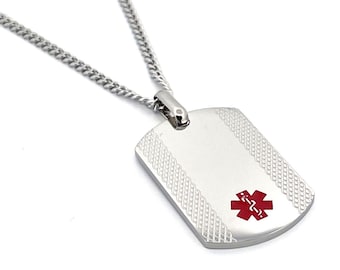Personalized Medical Alert Necklace - Stainless Steel Dog Tag Pendant and 23" Chain