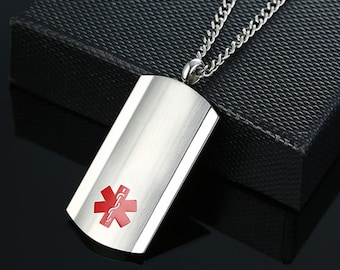 Personalized Stainless Steel Medical Alert Dog Tag Pendant Necklace