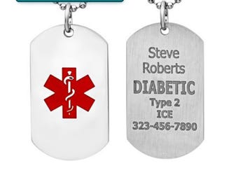 Personalized Medical Alert Dog Tag Necklace: Stainless Steel + Free ID Card