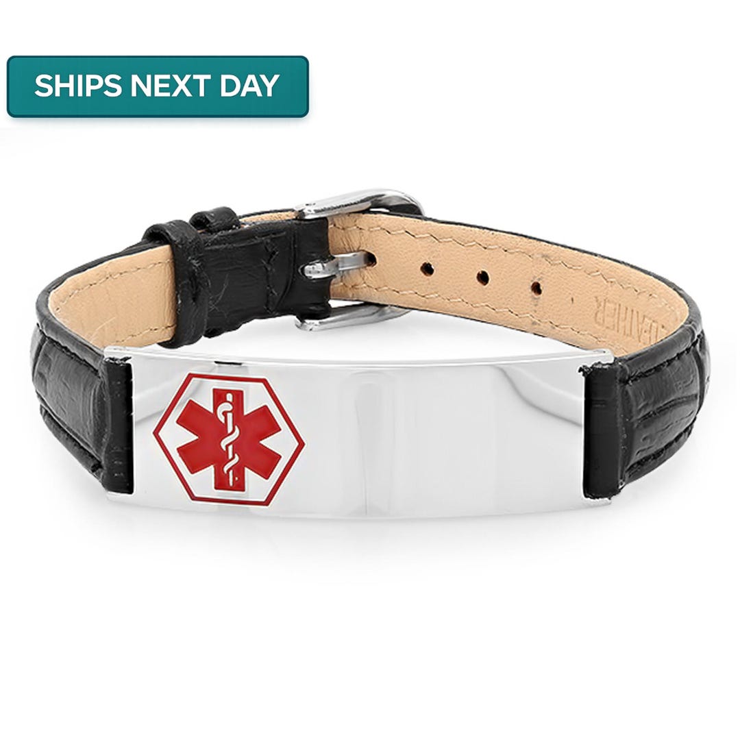 Black Leather Medical Alert Bracelet With Stainless Steel Plate ...