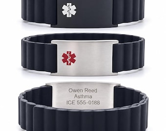May include: Three black silicone medical alert bracelets with textured bands. The top features a black plate with a white Star of Life symbol, the middle a silver plate with a red symbol, and the bottom a silver plate engraved with Owen Reed, Asthma, ICE 555-0188.