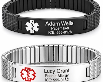 May include: Two medical alert bracelets with stretchable bands. The top bracelet is black with a white Star of Life symbol and text: Adam Wells, Pacemaker, ICE: 555-0178. The bottom bracelet is silver with a red Star of Life and text: Lucy Grant, Peanut Allergy, ICE: 555-0182.