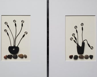 Noir Diptych:   (2) Original Stone Art - Unframed and Matted – Black Vase with Long Stem Flowers