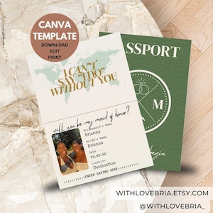 Modelo de passaporte editável para proposta de dama de honra para casamento no destino - modelo DIY Canva