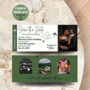 May include: Save the Date wedding announcement with a green and white airplane ticket design. The announcement includes the couple's names, wedding date, and destination: Ocho Rios, Jamaica. The image also includes a photo of the couple and a photo of a ring.