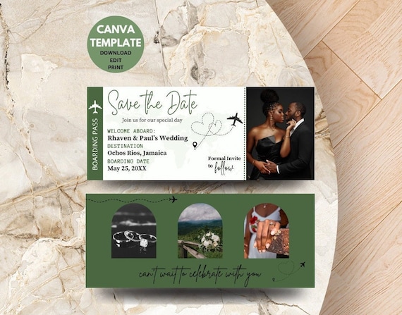 Destination Wedding Save The Date Boarding Pass, DIY Canva Template