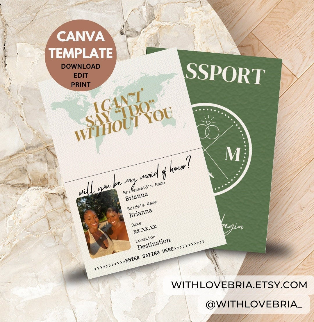 Editable Passport Template for Bridesmaid Maid of Honor Proposal for Destination Wedding - DIY Canva Template