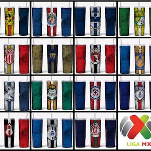 May include: A collage of 16 different designs for a stainless steel tumbler featuring logos of various Mexican soccer teams. The tumblers are all the same size and shape, and they have a straw hole in the lid. The designs are all in a distressed, vintage style, and they feature the team's logo, name, and colors. The tumblers are all arranged in a grid pattern, and they are all set against a white background. The text "LIGA MX" is at the bottom of the image.