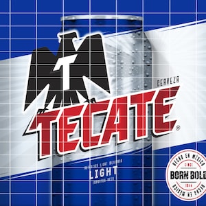 May include: A silver can of Tecate Light beer with a black eagle logo and red lettering. The can is partially obscured by a white background with the text "Cerveza" and "Born Bold" in a circle.