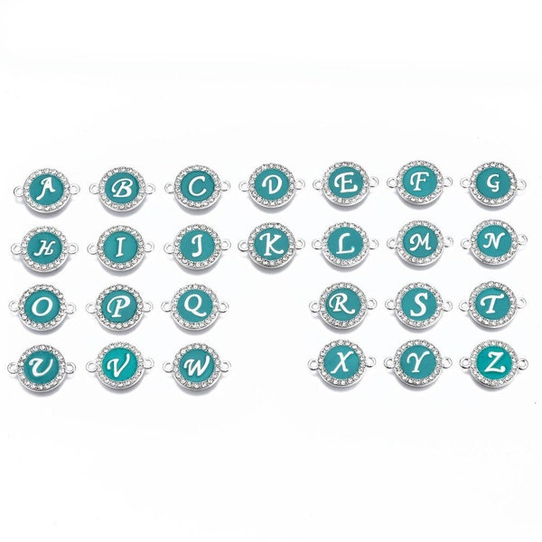 22x16mm Flat Round Enamel And Alloy Letter Connectors - Sea Green And Silver With Rhinestones - Pick Your Letter - Jewelry Supplies