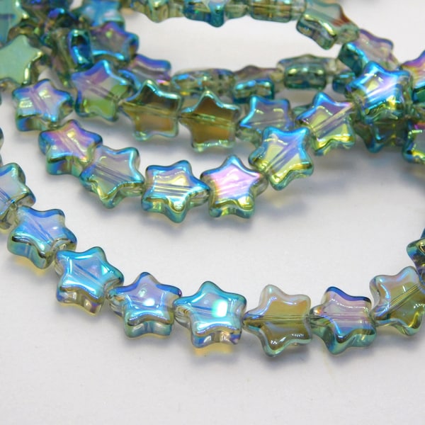 12 Inch Strand - 8.5x3mm Electroplated Teal Glass Star Beads - Teal Green Glass - Glass Beads - Jewelry Supplies - Craft Supplies