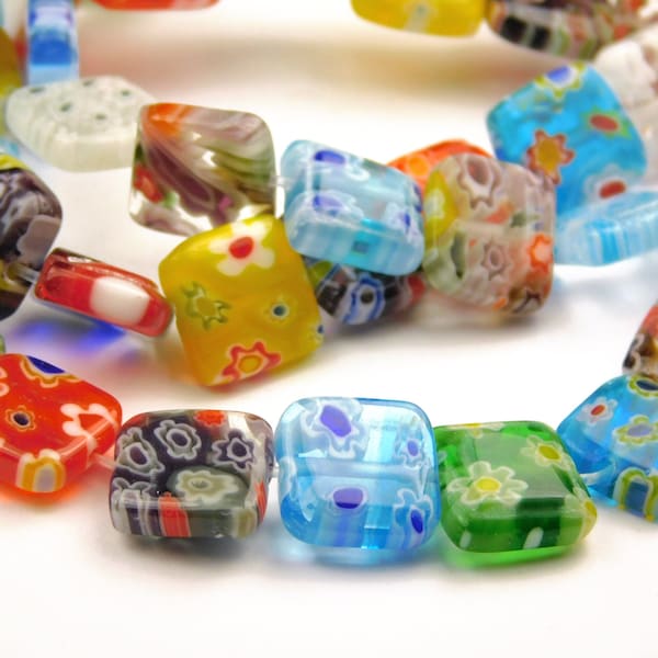 14-1/2 Inch Strand - Mixed Color 10mm x 4mm Square Glass Millifiori Glass Beads - Glass Beads - Mosaic Supply - Craft Supplies