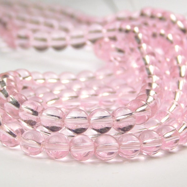 12 Inch Strand - 6mm Round Transparent Pink Glass Beads - 1/3/5 Strands - Pink Glass - Glass Beads - Jewelry Supplies - Craft Supplies