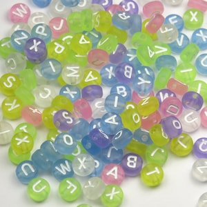 200 Pieces - 7x4mm Flat Round Acrylic Letter Beads - Transparent Multicolor Frosted With White Lettering - Alphabet Beads - Jewelry Supplies