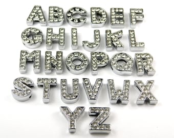 12mm Silver Alloy Rhinestone Letter Beads - Slide Charms - Pick Your Letter - Alphabet Beads - Spacer Beads - Jewelry Supplies