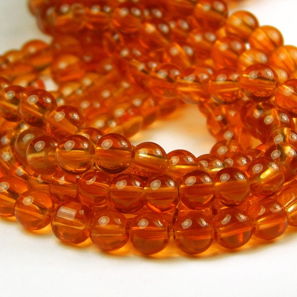 15 Inch Strand - 6mm Round Orange Glass Beads - Orange Glass - Glass Beads - Jewelry Supplies - Craft Supplies