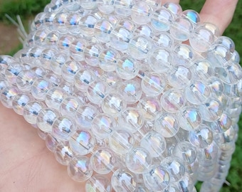 14 Inch Strand - 10mm Round Transparent Clear AB Glass Beads - Clear Glass - Glass Beads - Jewelry Supplies - Craft Supplies