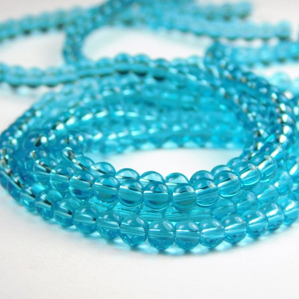 11 Inch Strand - 4mm Round Transparent Aquamarine Blue Glass Beads - 1/3/5 Strands - Blue - Glass Beads - Jewelry Supplies - Craft Supplies