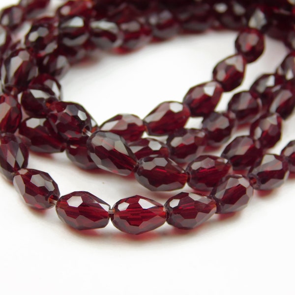 17 Inch Strand - 8x6mm Faceted Glass Teardrop Beads - Dark Red - Glass Beads - Jewelry Supplies - Craft Supplies