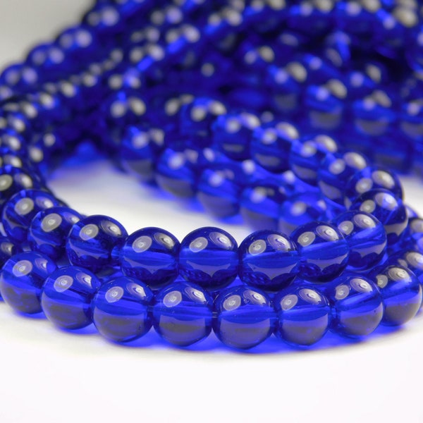 12 Inch Strand - 6mm Round Transparent Cobalt Blue Glass Beads - 1/3/5 Strands - Cobalt - Glass Beads - Jewelry Supplies - Craft Supplies