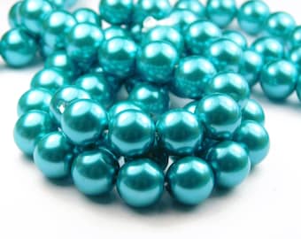 15 Inch Strand - 12mm Glass Pearl Beads - Teal Blue - Glass Pearl - Jewelry Supplies - Craft Supplies