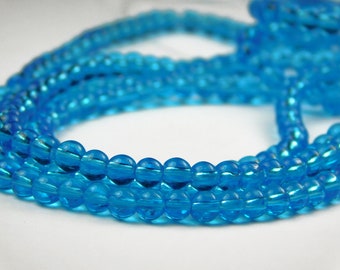 11 Inch Strand - 4mm Round Transparent Sky Blue Glass Beads - Blue Glass - Glass Beads - Jewelry Supplies - Craft Supplies