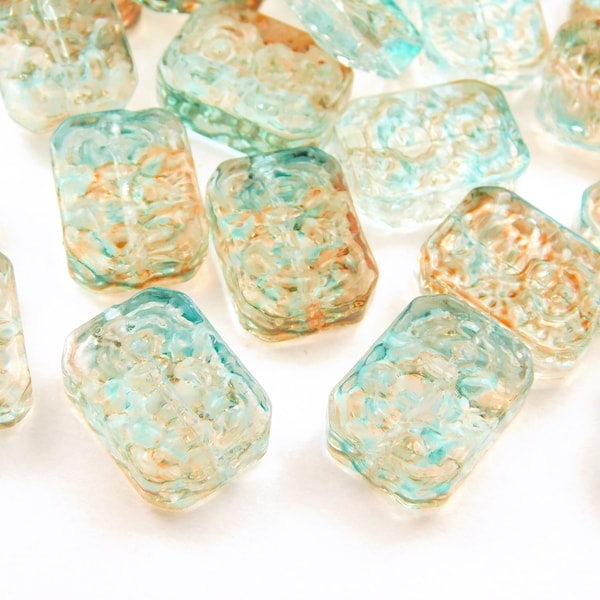 10 Pieces - 18x13x5mm Textured Transparent Multicolor Cyan Rectangle  Beads - Glass Beads - Jewelry Supplies - Craft Supplies