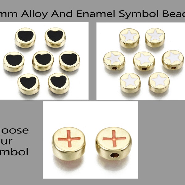 8mm Flat Round Enamel And Alloy Symbol Beads - Symbols - Alphabet Beads - Spacer Beads - Jewelry Supplies