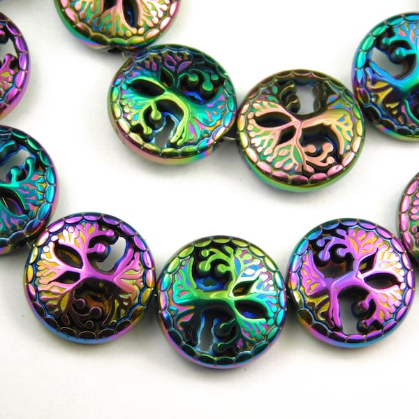 6 Pieces - 12x4mm Electroplated Non Magnetic Hematite Tree Of Life Beads - Rainbow Plated - Gemstone Beads - Jewelry Supplies
